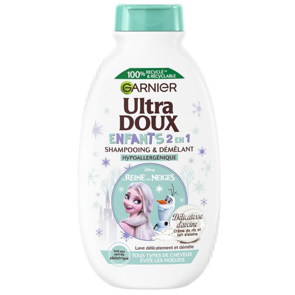 Garnier Ultra Doux kindershampoo. Witte fles met turquoise dop. 2-in-1 shampoo. Hypoallergeen. Met Disney-thema.