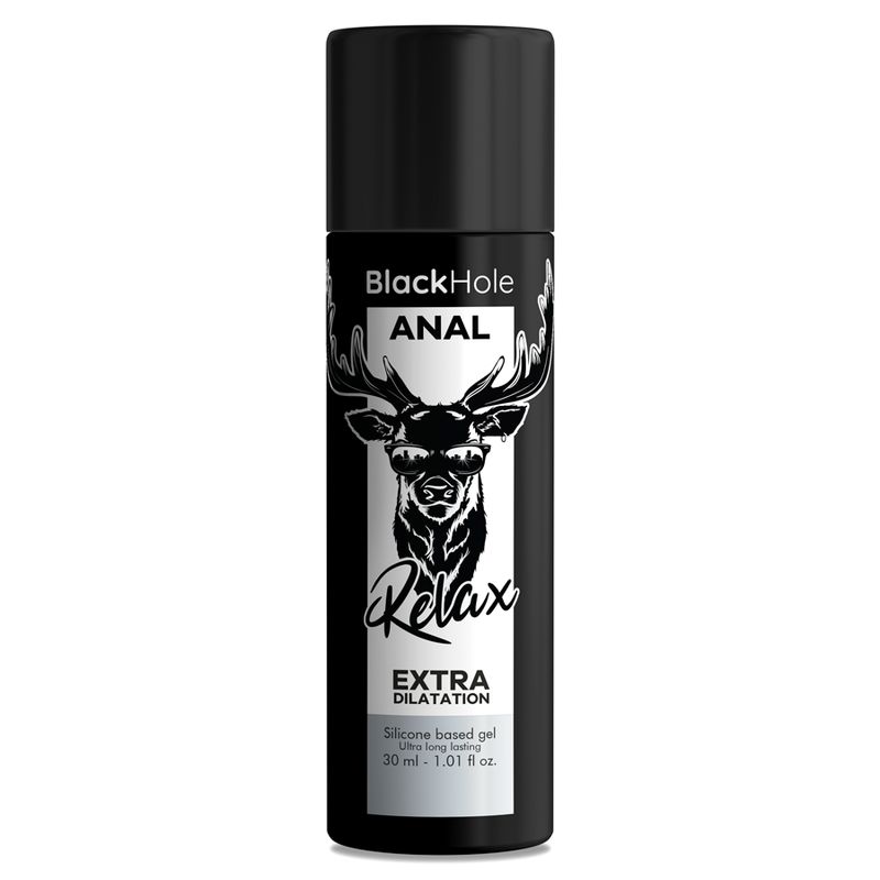 Flacon noir "Black Hole ANAL Relax Extra Dilatation". Inscription: 30 ml - 1.01 fl oz.