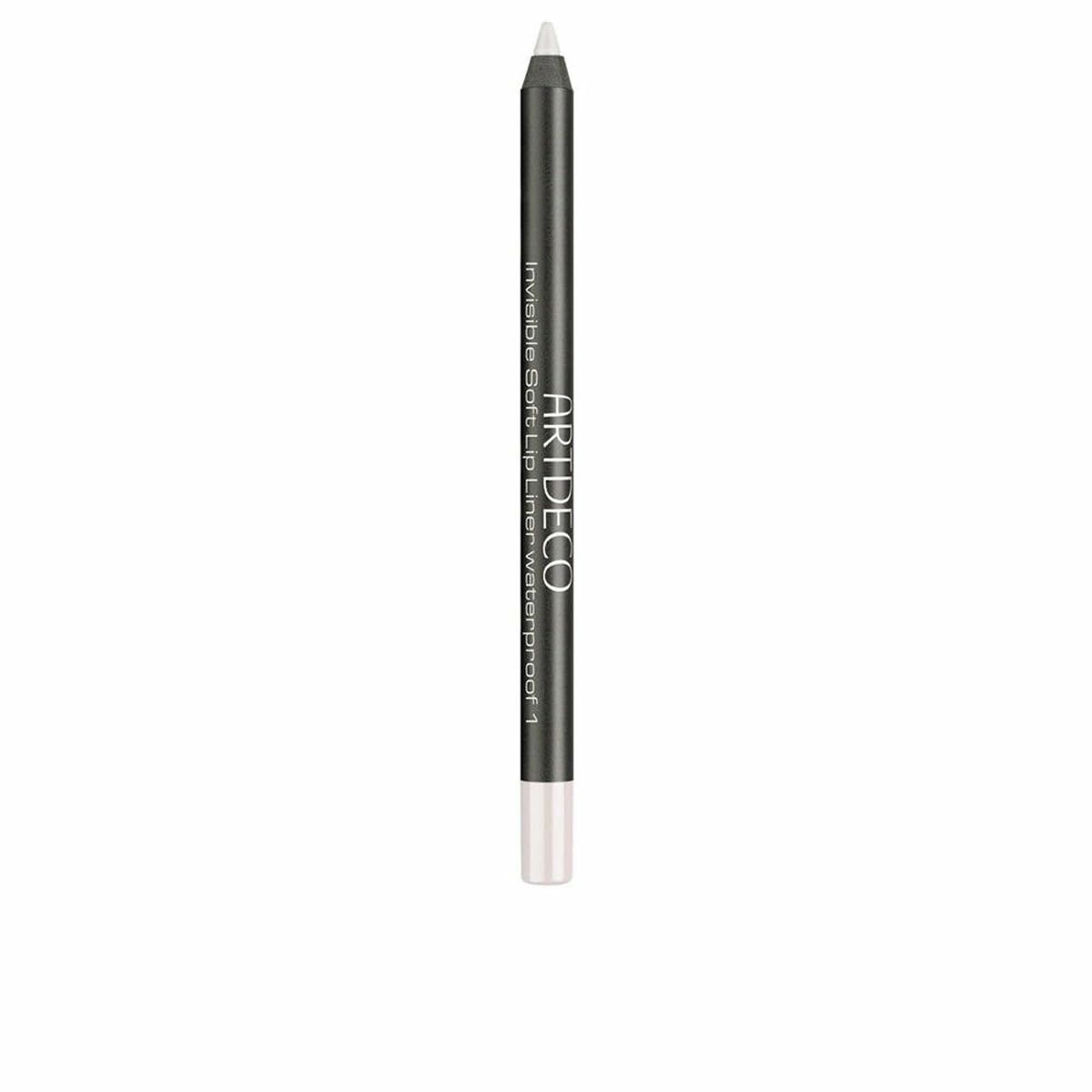 Crayon à lèvres blanc. Corps noir. Texte: Invisible Soft Lip Liner waterproof 1. Fond blanc.