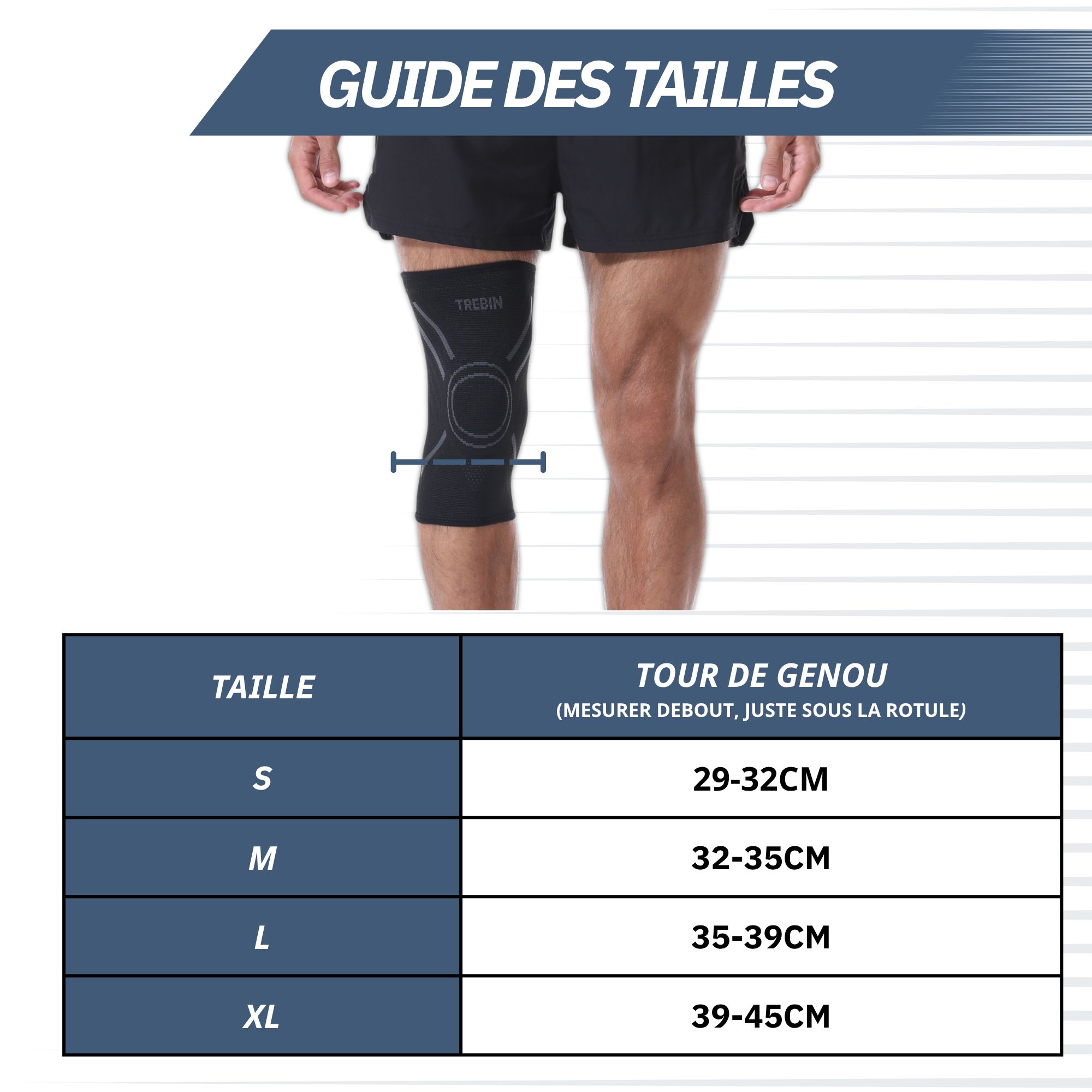 Tableau des tailles pour genouillères avec tour de genou.