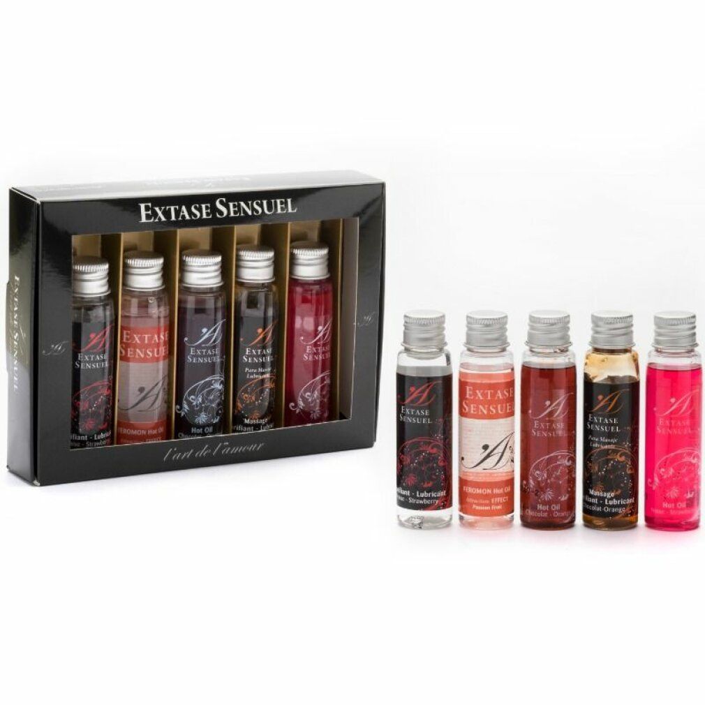 Six petites bouteilles de lubrifiant de différentes couleurs et senteurs, présentées dans un coffret cadeau.
