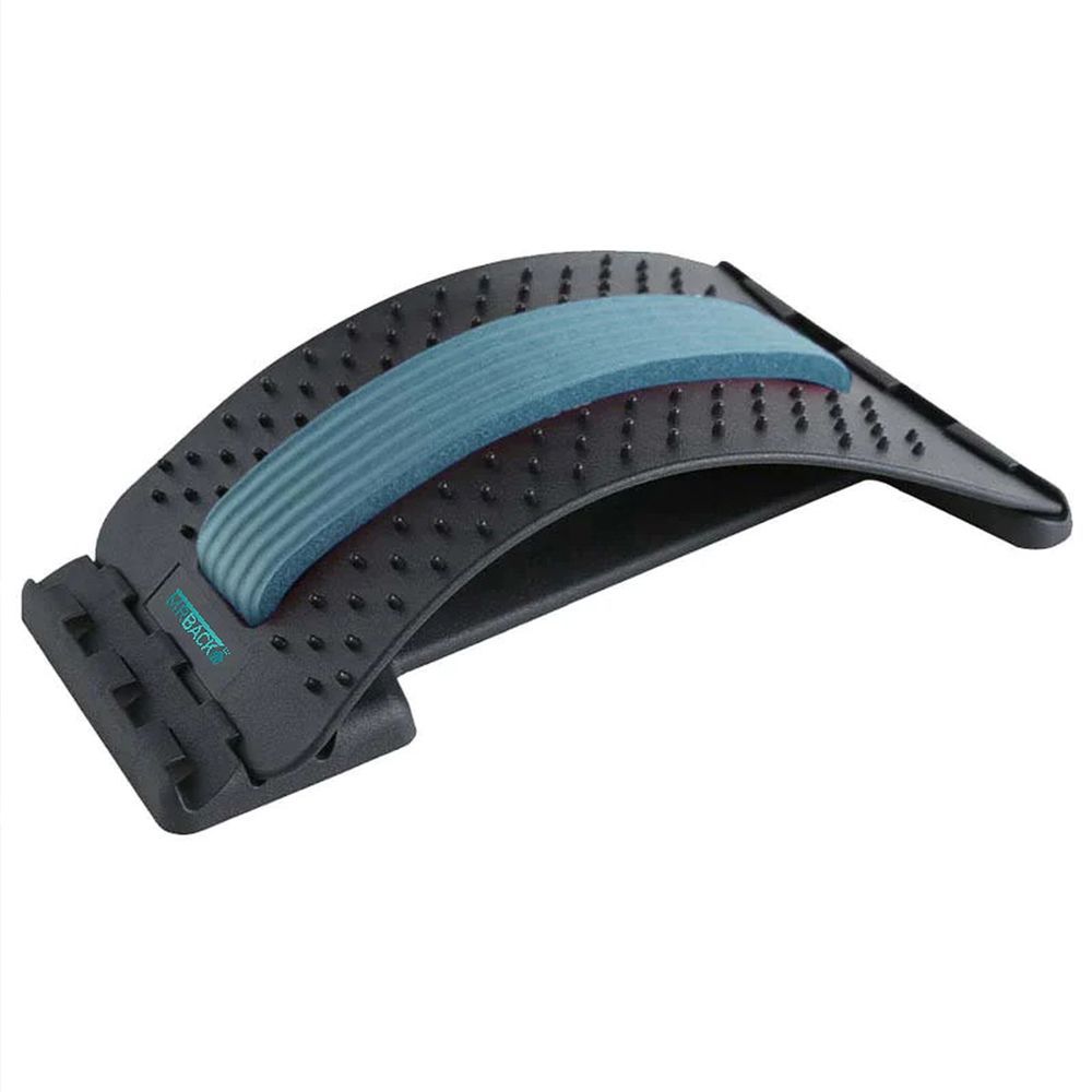 Appareil d'étirement dorsal en plastique avec coussin bleu. Base noire avec picots. Réglable latéralement.