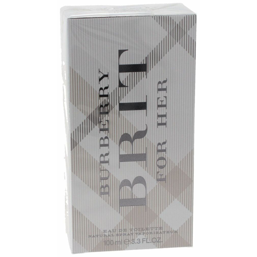 Emballage sous film. Boîte rectangulaire avec logo et texte. Motif à carreaux. Texte: Burberry Brit For Her, Eau de Toilette.