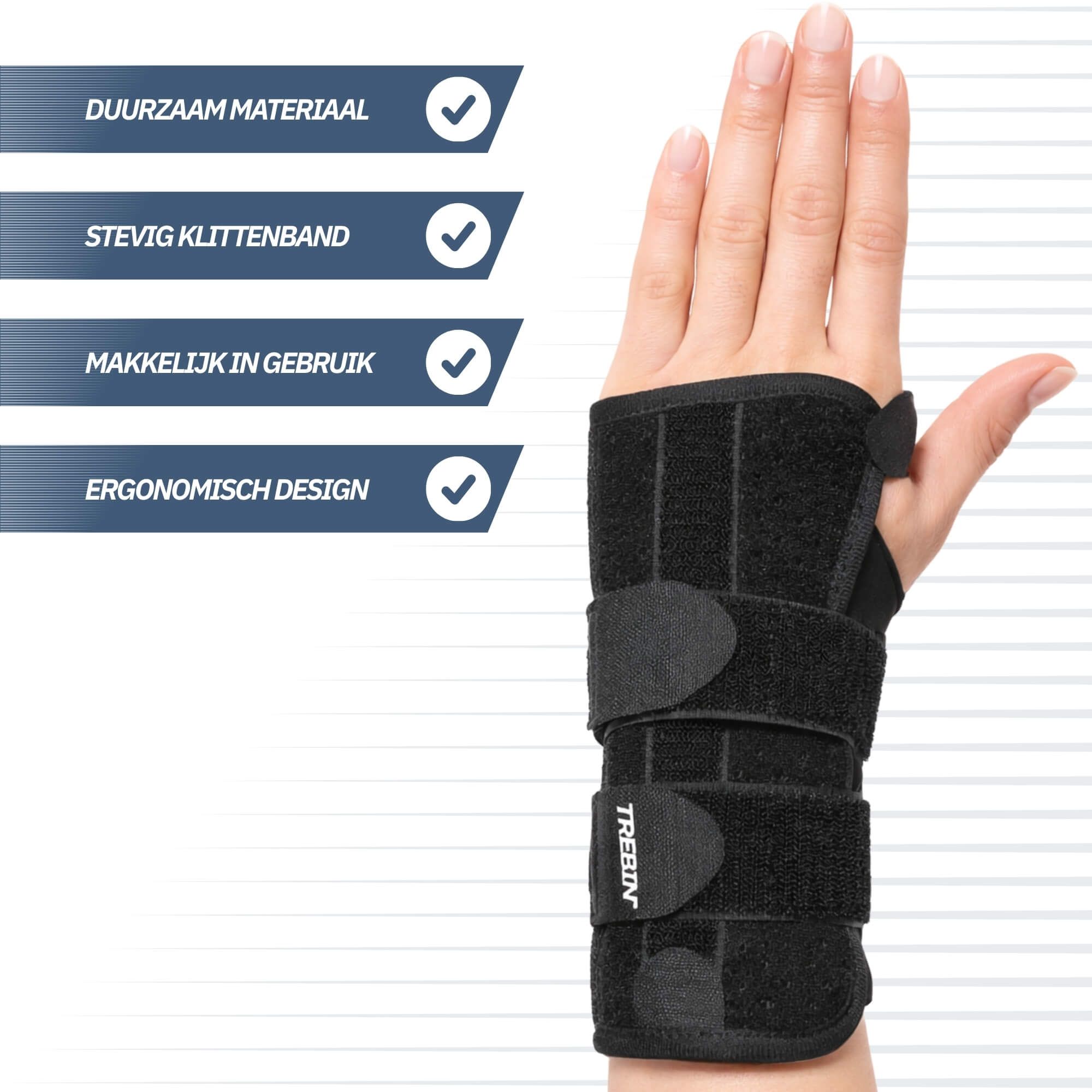 Zwarte polsbrace met klittenbandsluiting en logo.