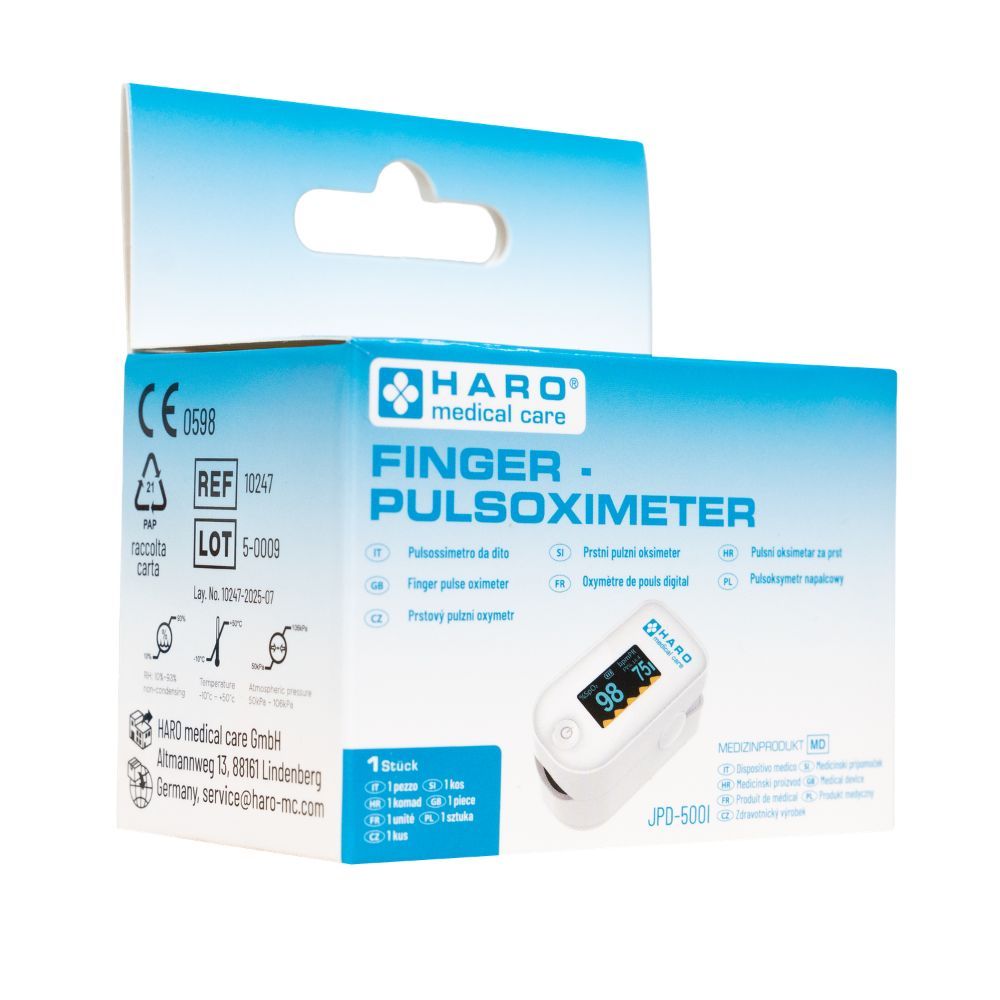 Verpakking met vingerpulsoximeter. Apparaat met display, toont waarden. Merk: HARO medical care.