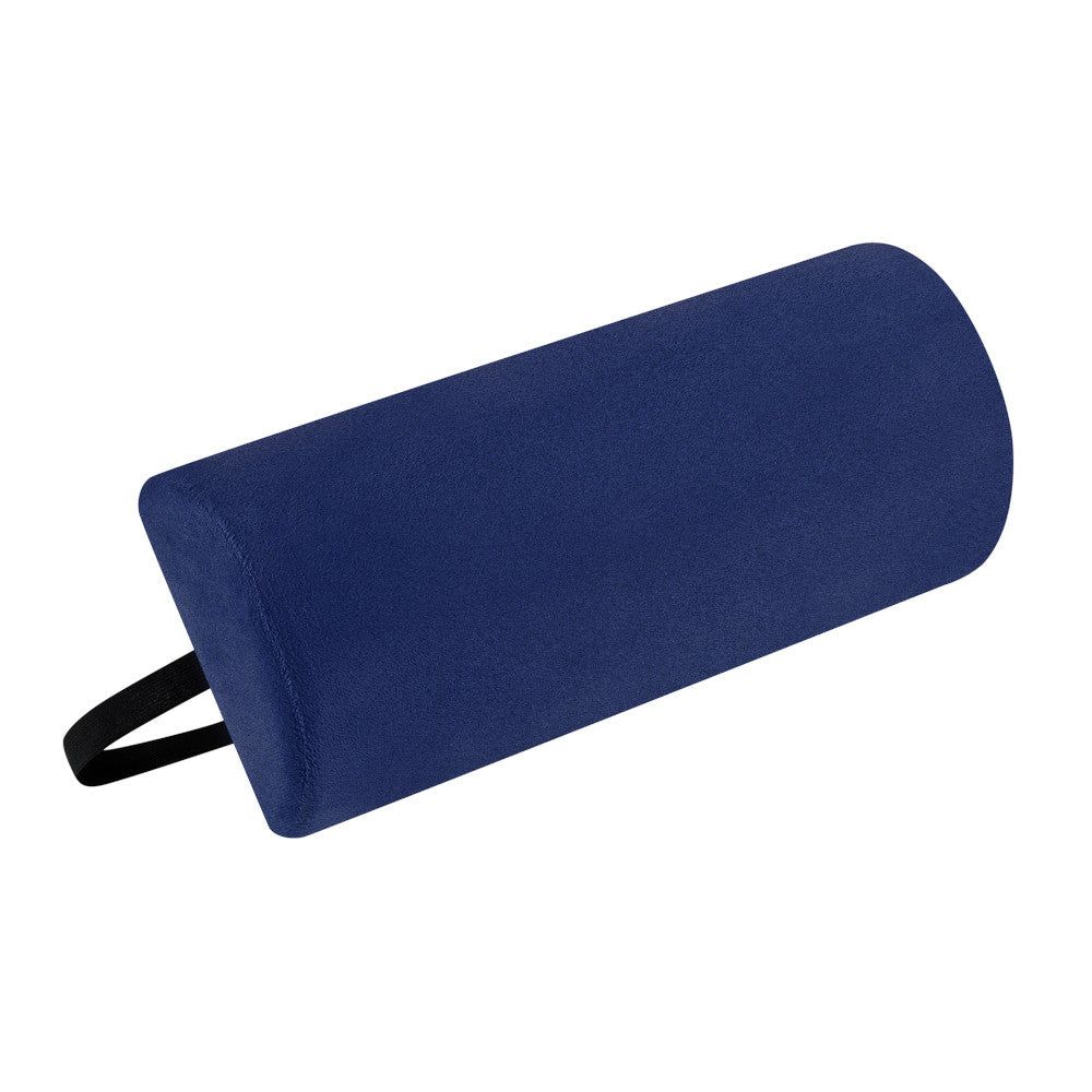 Blauw cilindrisch kussen met draagriem. Gemaakt van traagschuim.