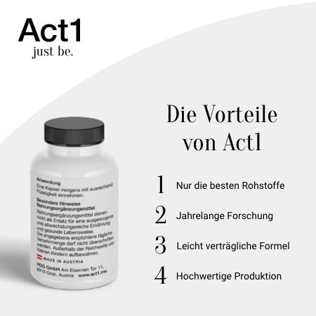 Wit pillenflesje met zwarte dop. Opschrift: Act1, voordelen van Act1. Tekst: Alleen de beste grondstoffen, jarenlang onderzoek, licht verteerbare formule.