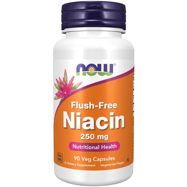 Flacon blanc avec étiquette orange. Contient 90 gélules végétales. Texte : Now, Flush-Free Niacin, 250 mg.