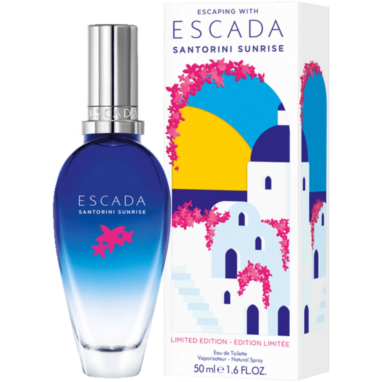 Escada Santorini Sunrise Eau de Toilette fles en verpakking. Blauw-witte fles, verpakking met illustraties.