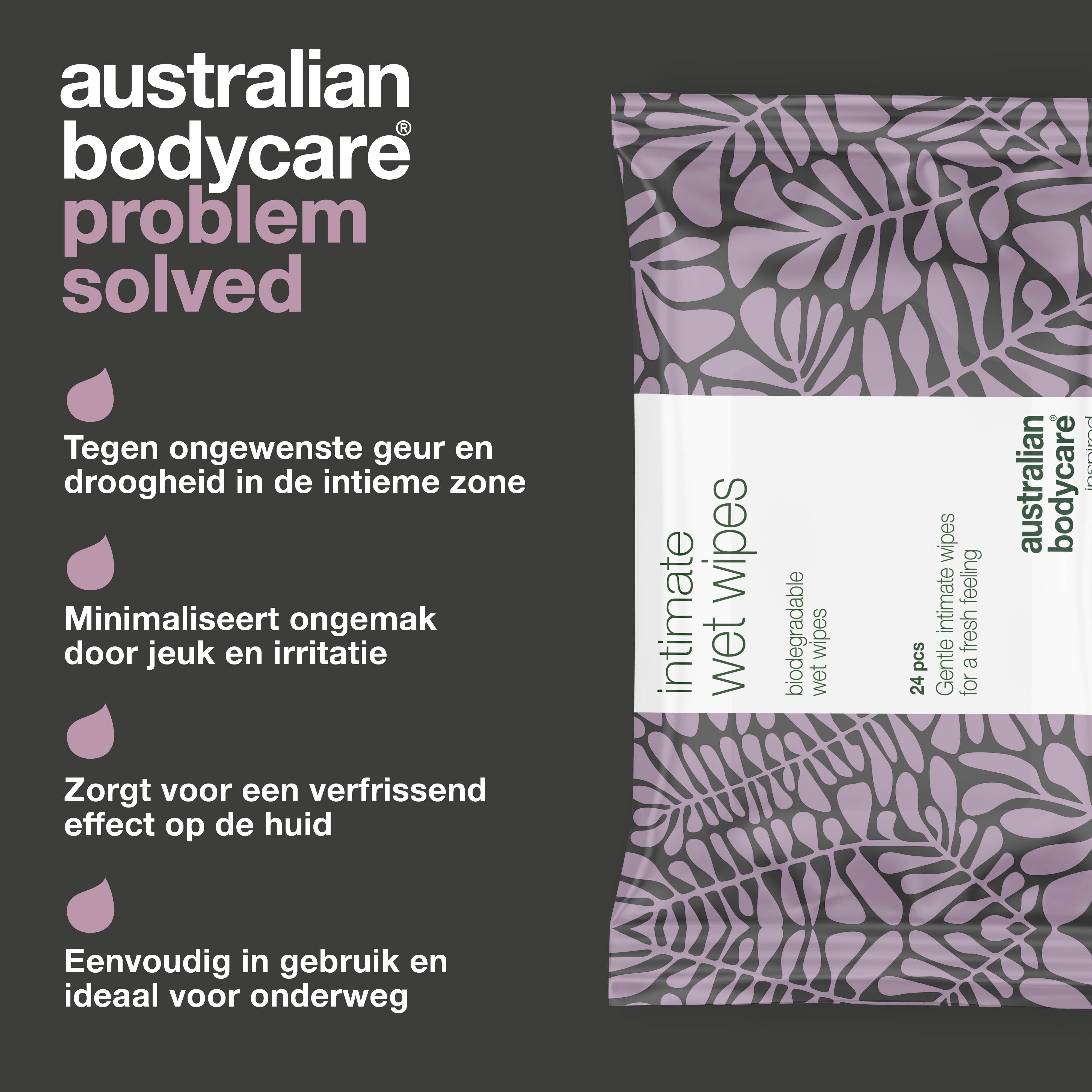 Productinformatie. Intieme doekjes. Merk: Australian Bodycare. Tekst: Tegen ongewenste geur en droogheid.
