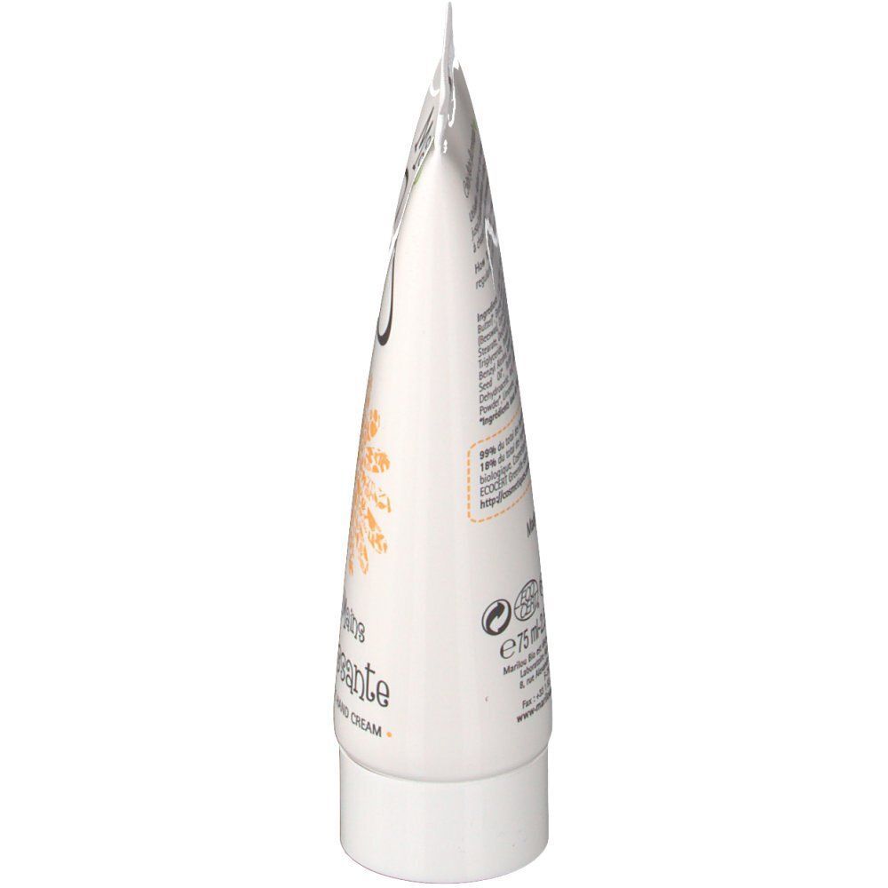 Tube blanc contenant une crème pour les mains. Motif de céréales et sceau bio.