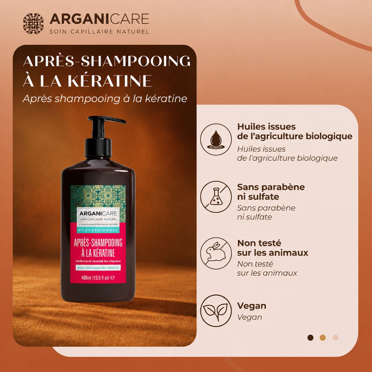 Bouteille d'Arganicare Keratin Conditioner avec icônes pour huiles bio, vegan et non testé sur animaux.