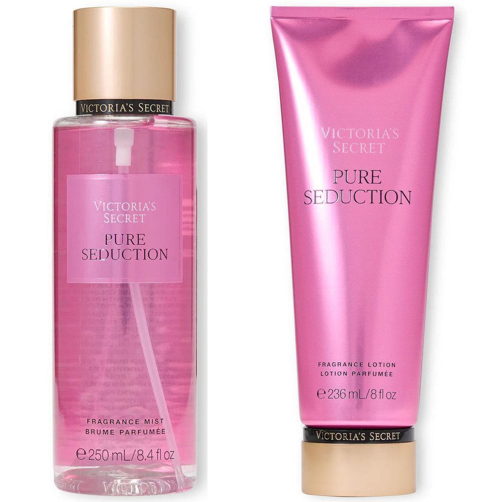 Ensemble brume et lotion pour le corps. Flacon et tube roses avec texte blanc. Inscription : Victoria's Secret, Pure Seduction.
