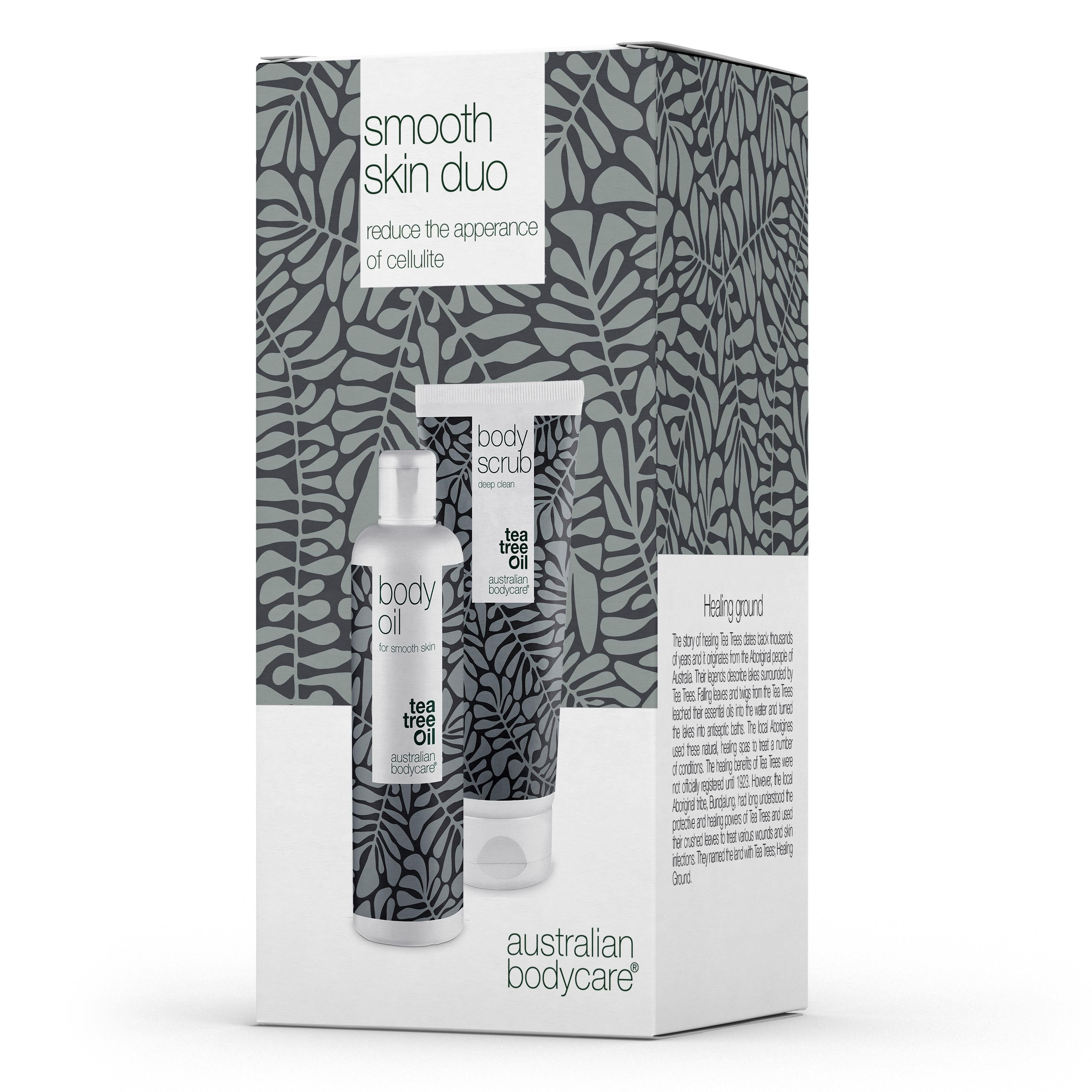 Ensemble Body Oil et Body Scrub. Emballage avec noms de produits et logo. Réduit la cellulite.