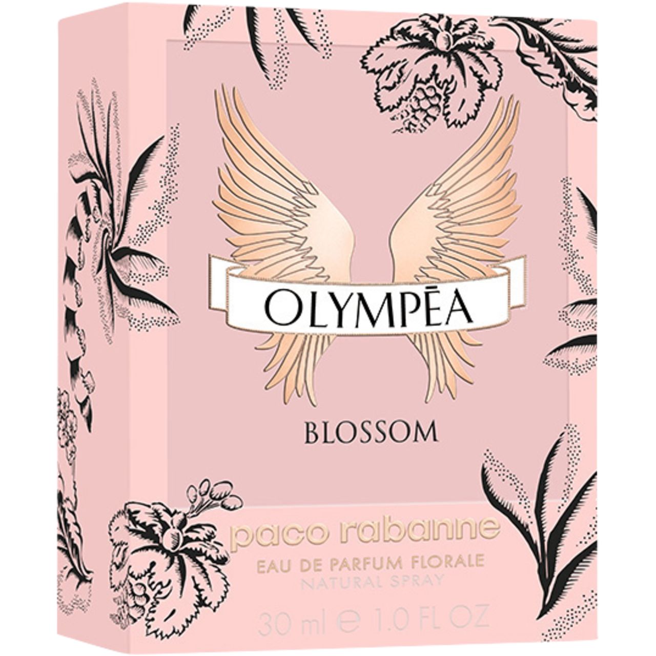 Emballage rose avec motif d'ailes, éléments floraux et inscription Olympéa Blossom. Marque Paco Rabanne.