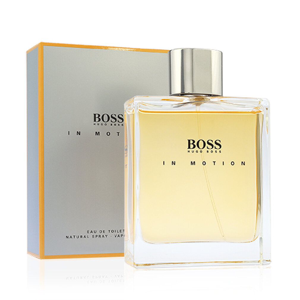 Hugo Boss Boss In Motion Eau de Toilette. Flacon et emballage. Bouchon argenté, liquide jaunâtre. Boîte grise avec accents orange.