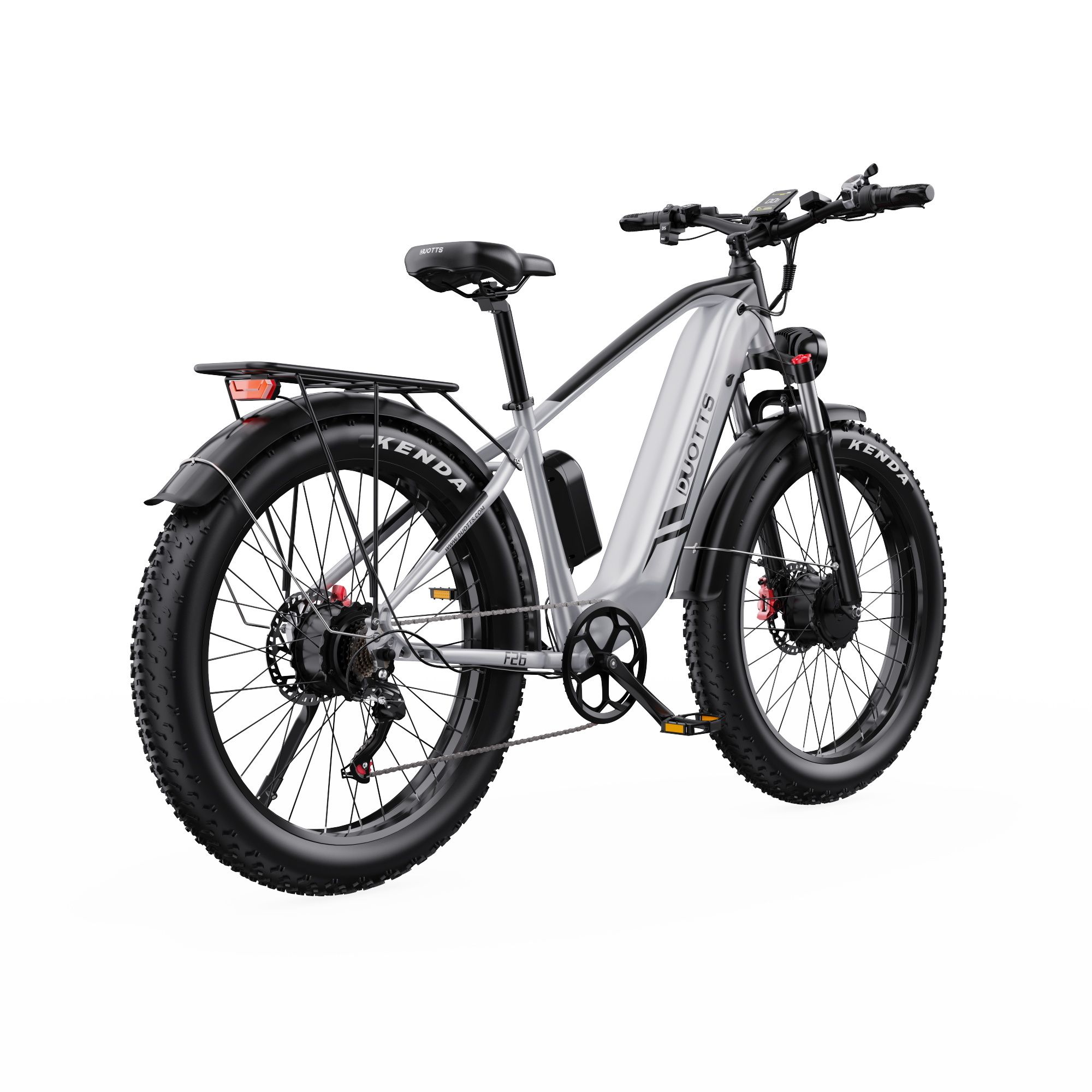 Vélo électrique DUOTTS F26, vue arrière. Cadre noir et argenté, pneus larges, porte-bagages. Moteur et batterie.