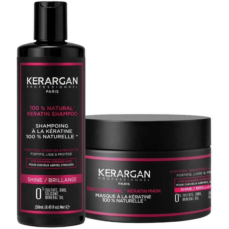 Deux produits capillaires noirs Kerargan. Un flacon de shampooing et un pot de masque. Tous deux avec des accents roses et du texte blanc.