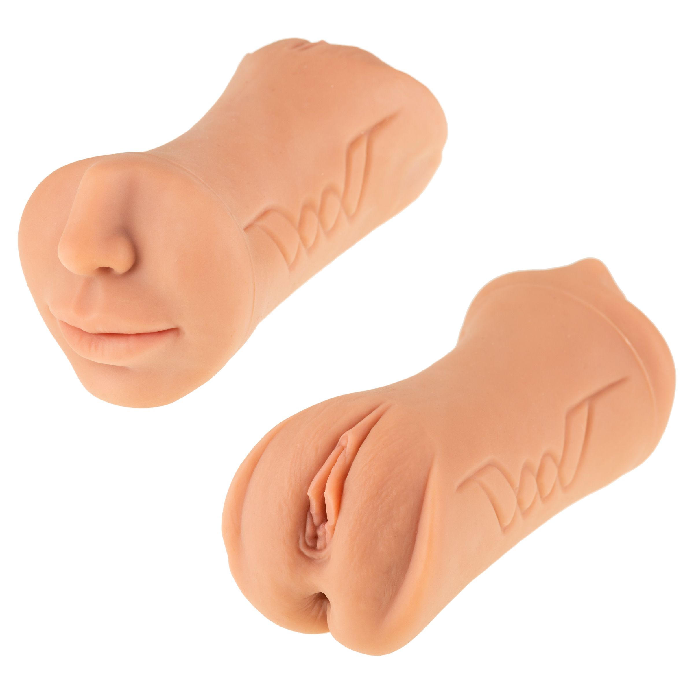 Twee beige masturbatiehulpmiddelen. Eén met gezicht, één met vulva. Logo: Dool.
