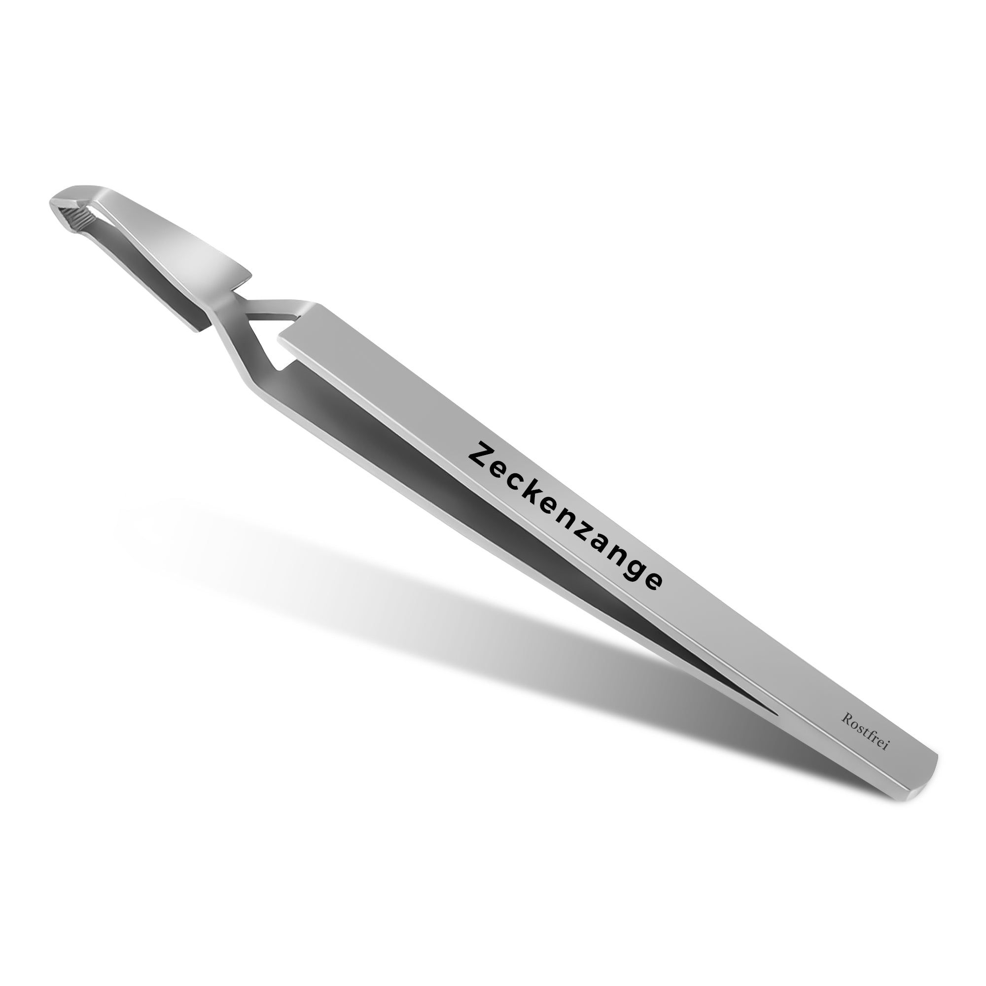 Metalen tekentang. Met opschrift 'Zeckenzange' en 'Rostfrei'.