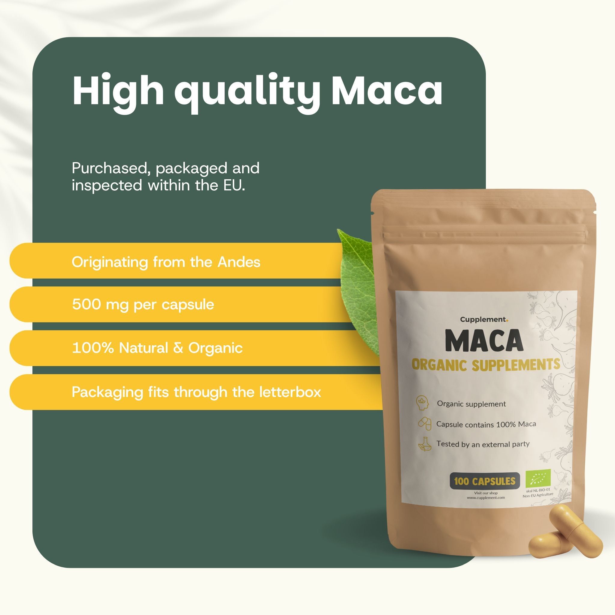 Sachet brun avec gélules. Impression: Maca, Compléments biologiques. 100 gélules. 500 mg par gélule. Certification.