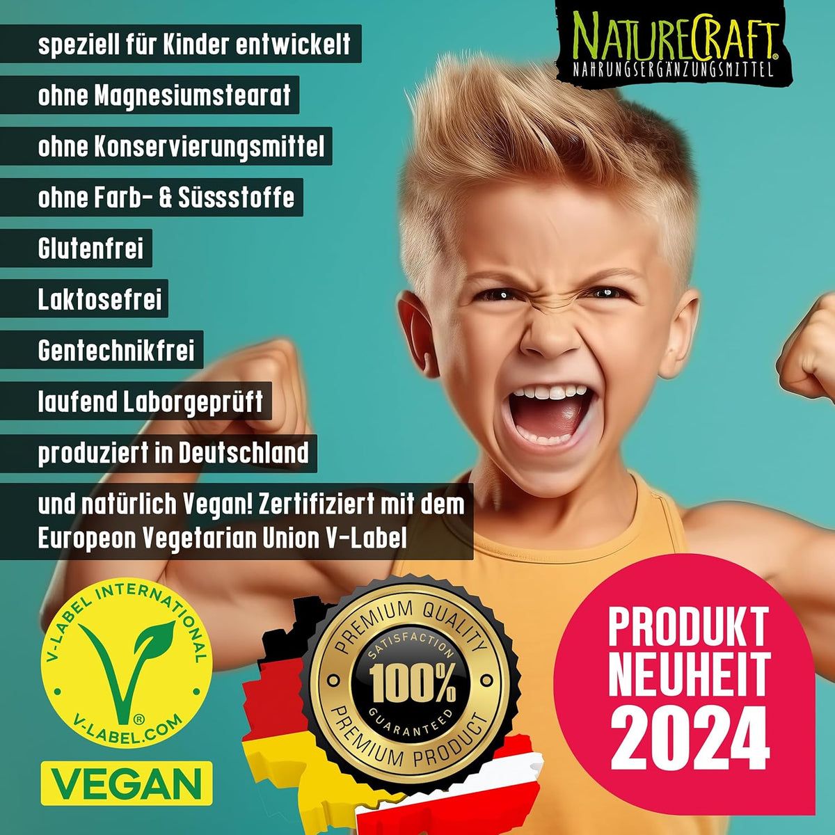 Jongen juicht. Tekst: Zonder magnesiumstearaat, conserveermiddelen, kleur- & zoetstoffen. Vegan logo. Productnieuwigheid 2024.