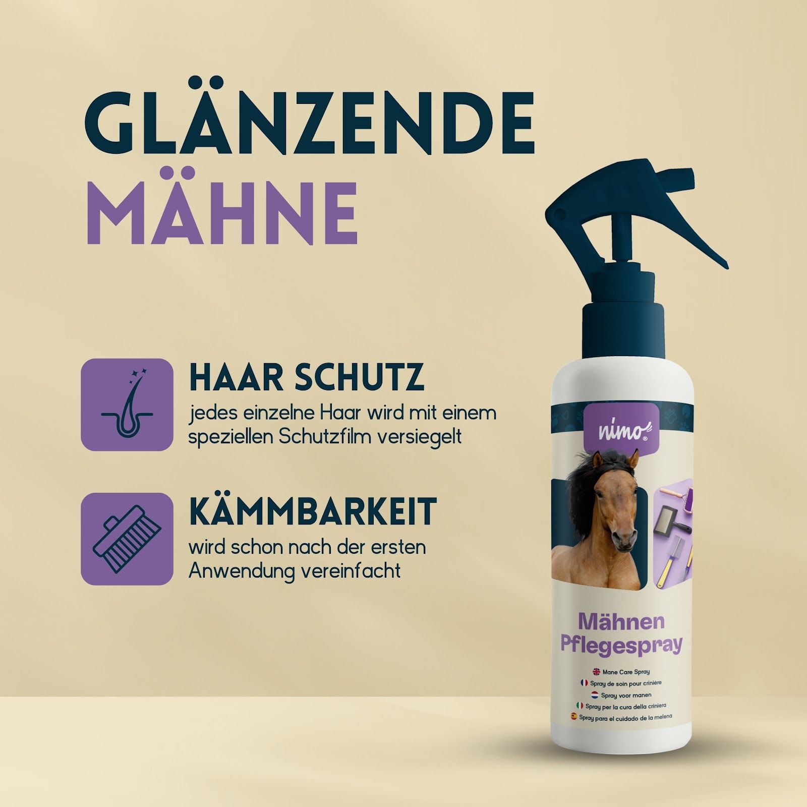 nimo® verzorgingsspray voor manen • voor makkelijker kammen, ontwarren & glanzende manen en staart