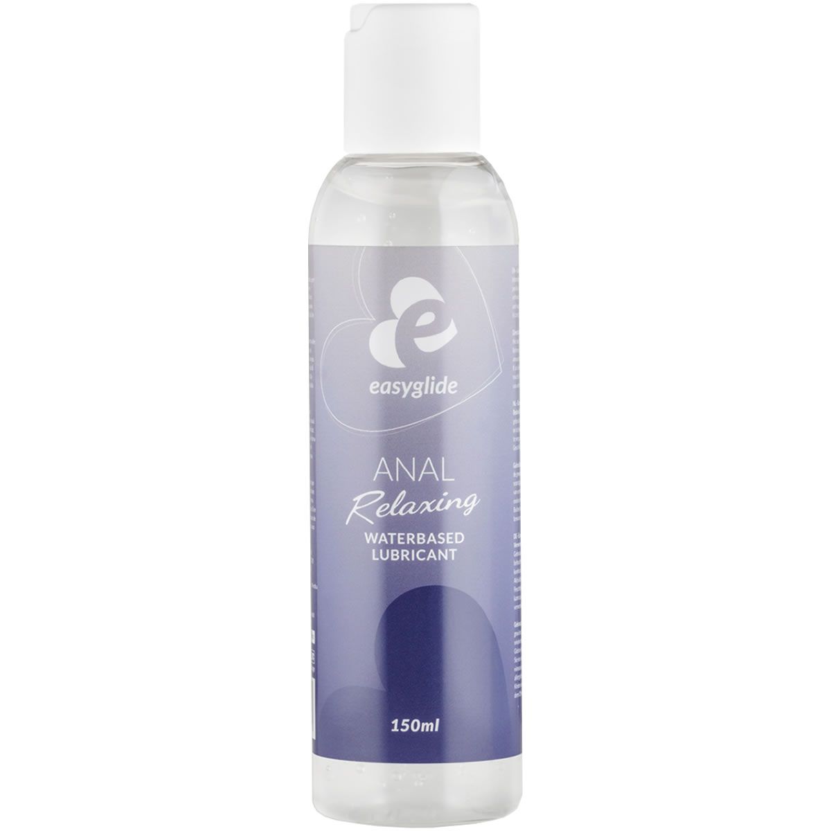 Transparante fles met witte dop. Opschrift: Easyglide, Anal Relaxing, glijmiddel op waterbasis. Volume: 150ml.
