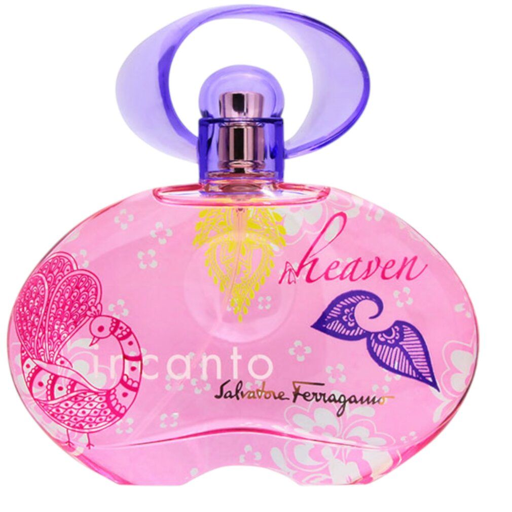 Flacon rose avec bouchon violet. Inscription "incanto heaven" et "Salvatore Ferragamo". Motif décoratif avec paon et feuilles.
