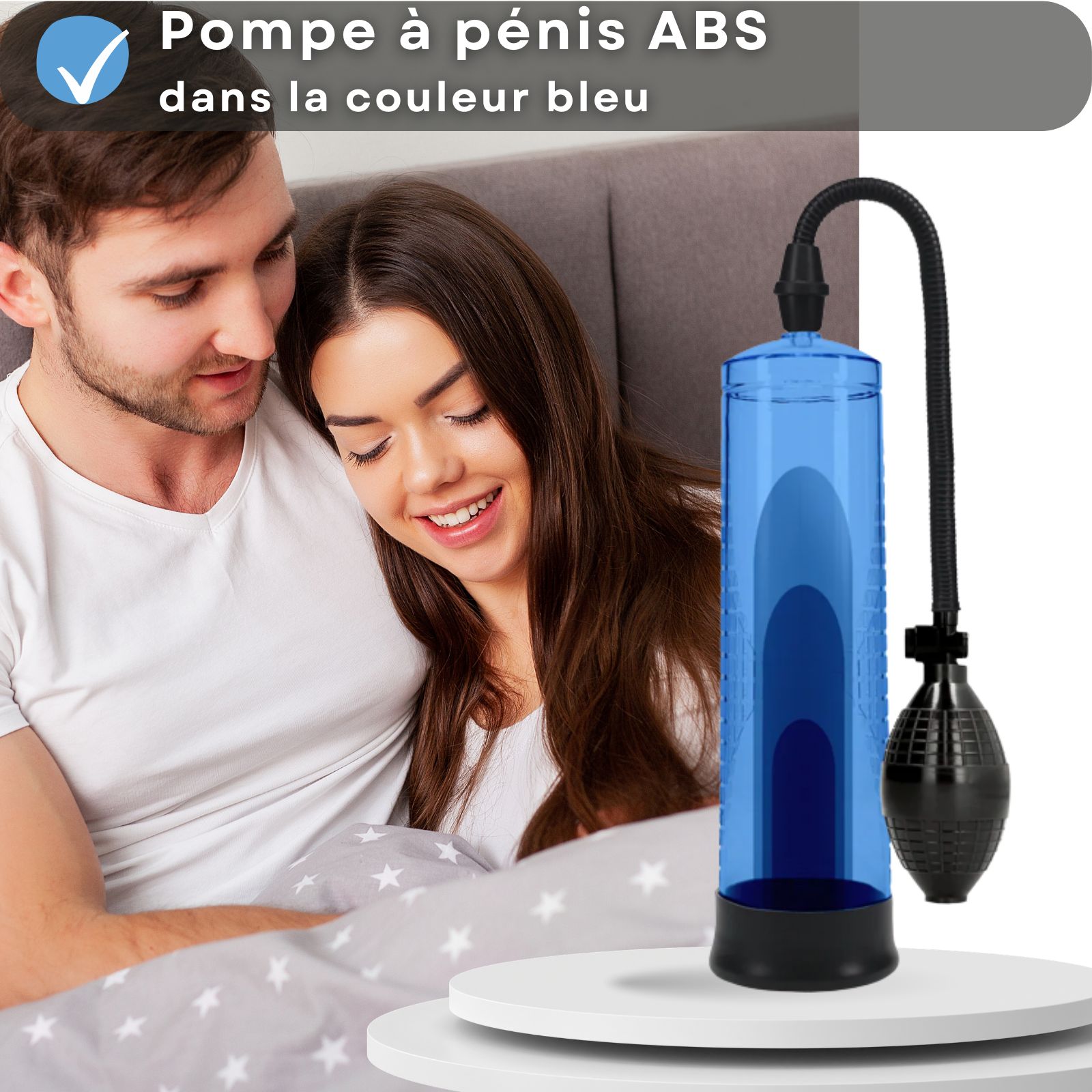 Image avec texte: Pompe à pénis en ABS, bleu. Couple au lit.