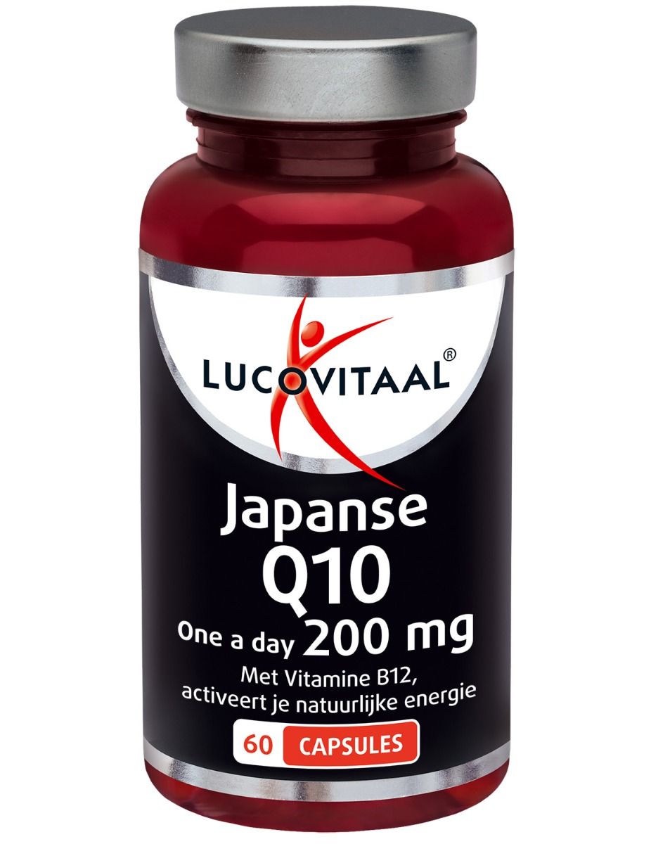 Rode capsulefles met wit etiket. Opschrift: Lucovitaal, Japanse Q10, 200 mg, 60 capsules. Zilveren deksel.