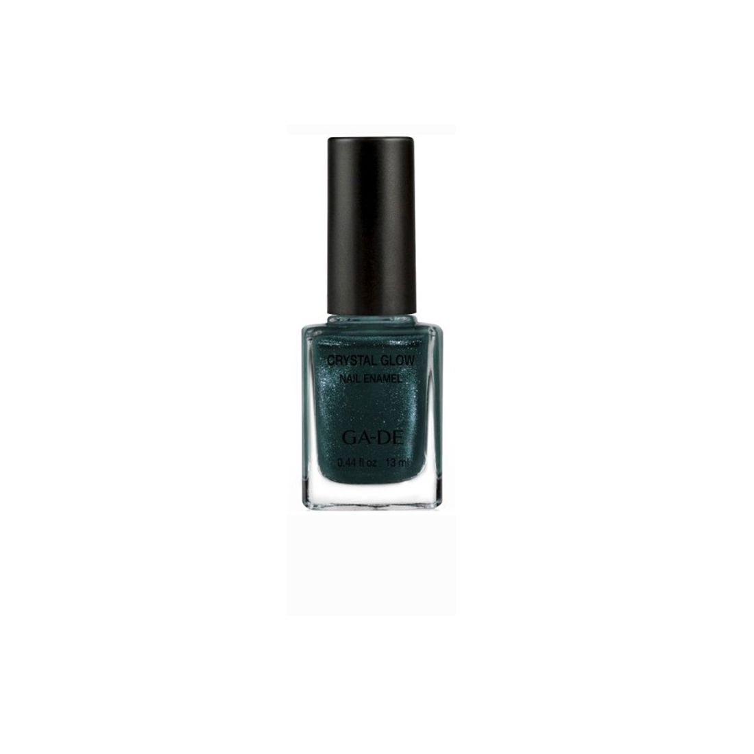 Vernis à ongles Ga-De Crystal Glow. Flacon avec bouchon noir. Couleur vert foncé pailleté. Inscription : Crystal Glow Nail Enamel, Ga-De.
