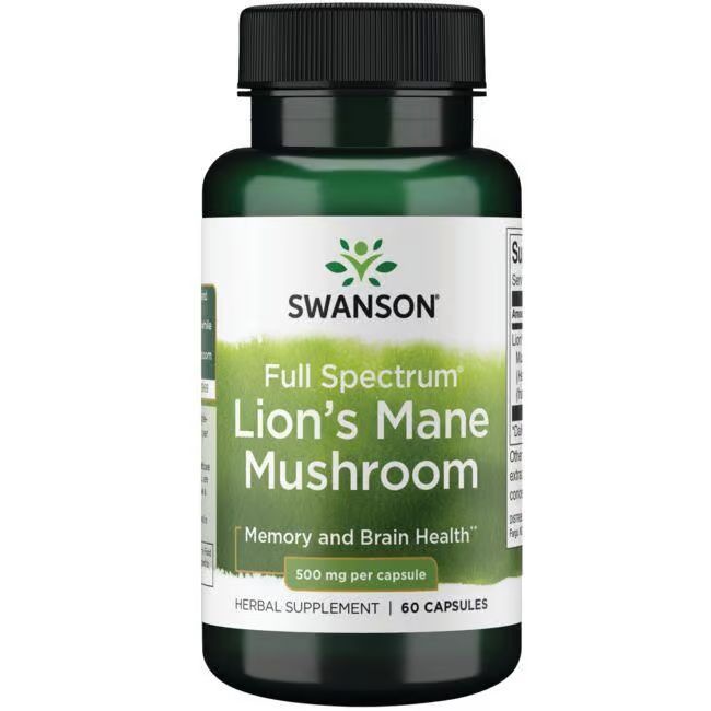 Flacon vert de gélules. Inscription: Swanson, Full Spectrum Lion's Mane Mushroom, 500 mg par capsule.