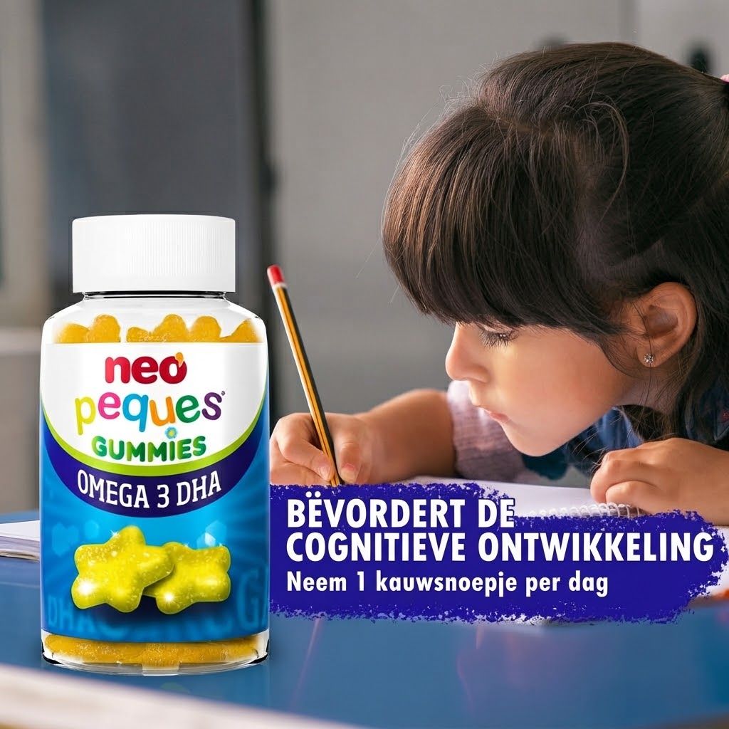 Kind schrijft aan tafel, ernaast een fles Neo Peques Omega 3 DHA Gummies. Bevordert cognitieve ontwikkeling.