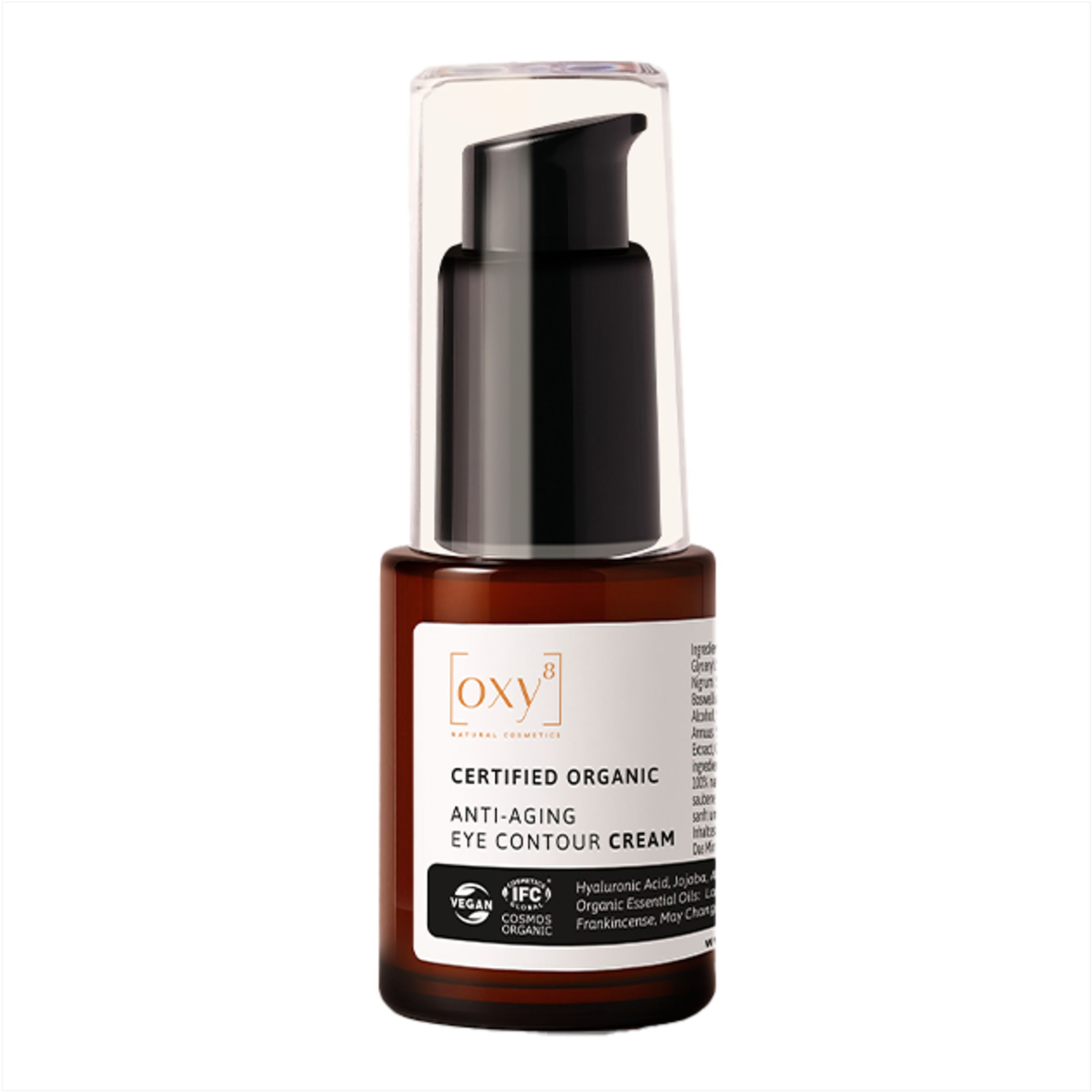 Flacon brun avec pompe noire. Inscription: Certified Organic, Anti-Aging Eye Contour Cream. Label Vegan.