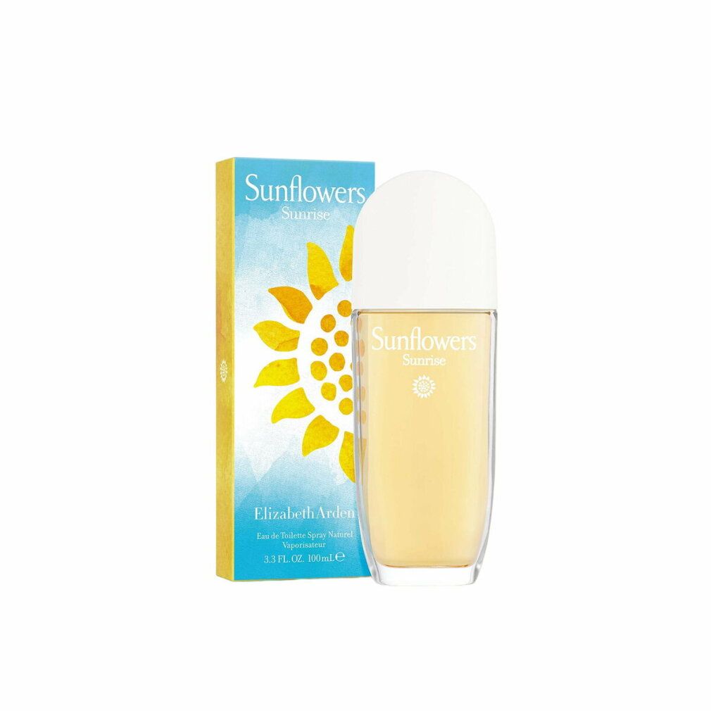 Flacon et emballage Elizabeth Arden Sunflowers Sunrise. Flacon avec bouchon blanc, liquide jaune. Emballage avec motif tournesol.