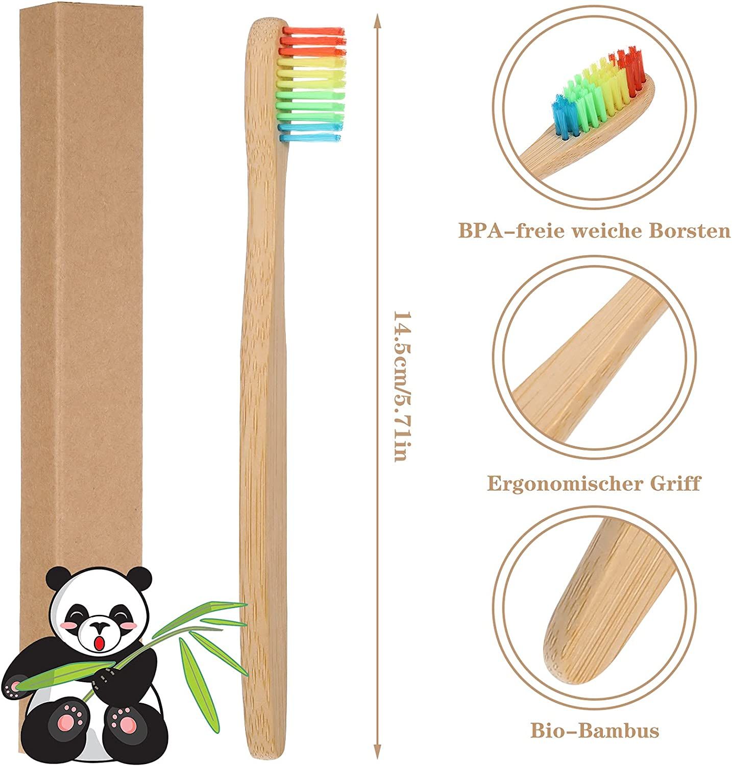 Brosse à dents avec poils arc-en-ciel, manche en bambou, emballage, illustration panda, texte.