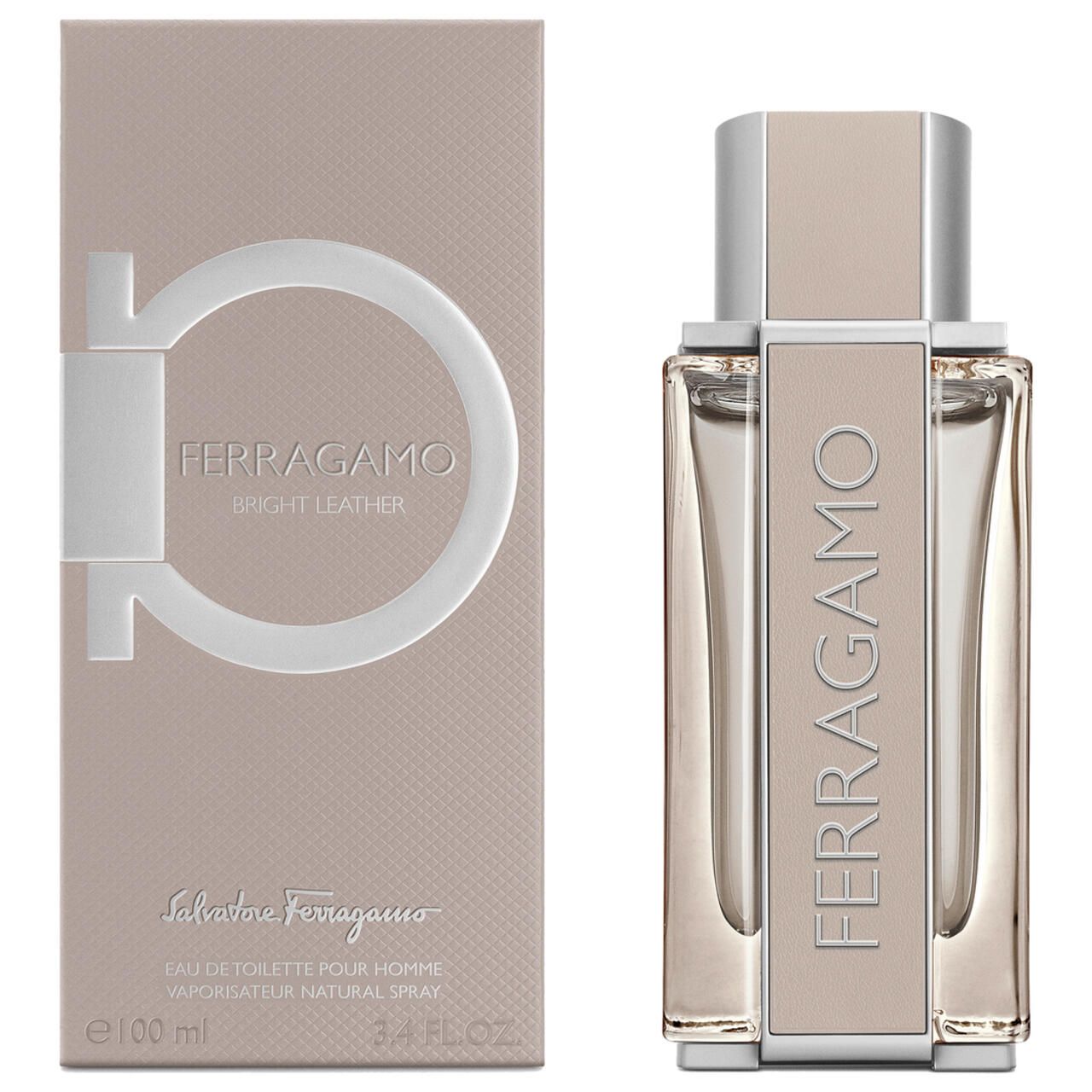 Flacon de parfum et emballage. Flacon beige clair avec bouchon argenté. Emballage avec logo et texte.