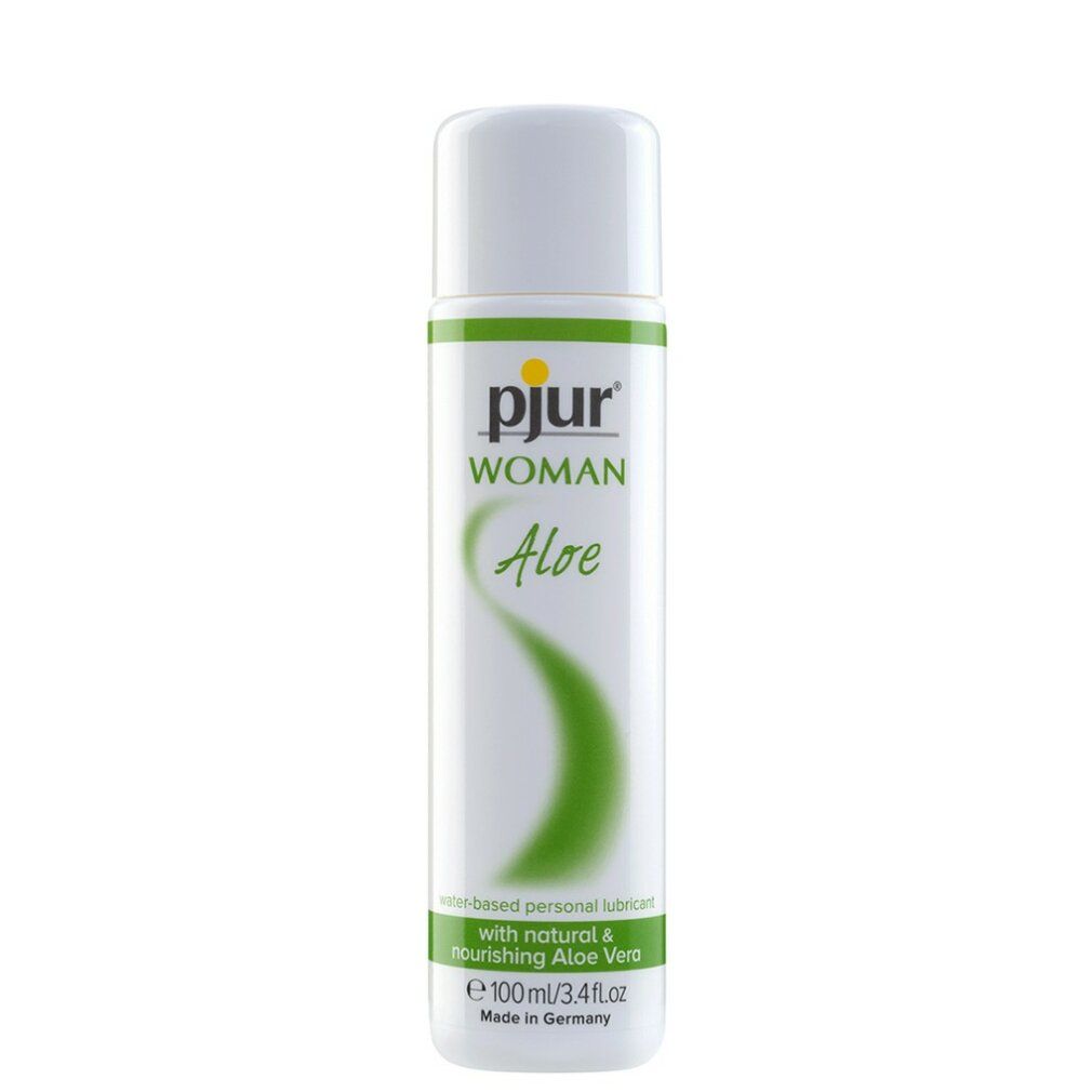 Witte fles met geel logo "pjur" en tekst "WOMAN Aloe". Bevat "Water-based Personal Lubricant".