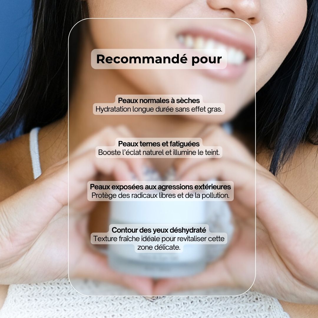Femme tenant les mains autour du produit. Texte sur l'utilisation et la peau.
