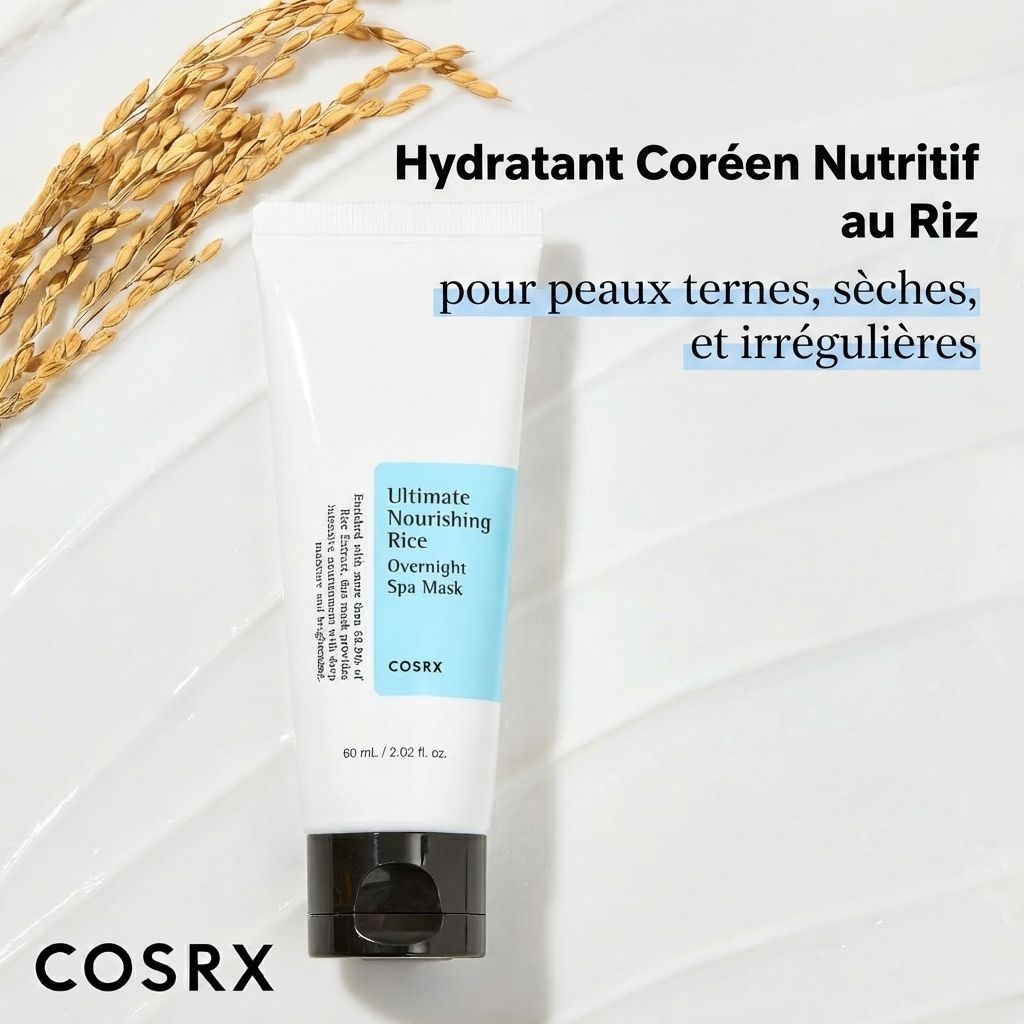 Masque de nuit COSRX au riz. Test de tolérance recommandé sur le corps avant usage.