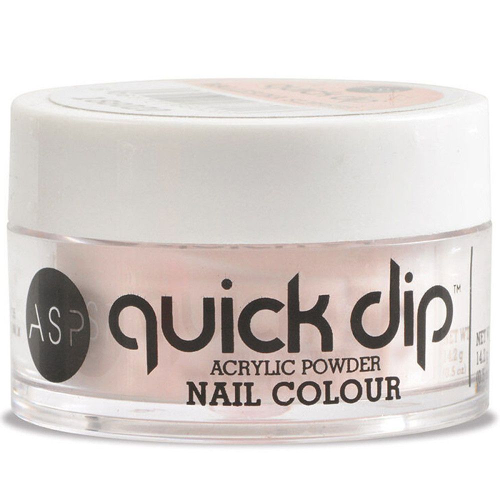 Pot rond avec poudre rose. Inscription 'quick dip' et 'NAIL COLOUR'.