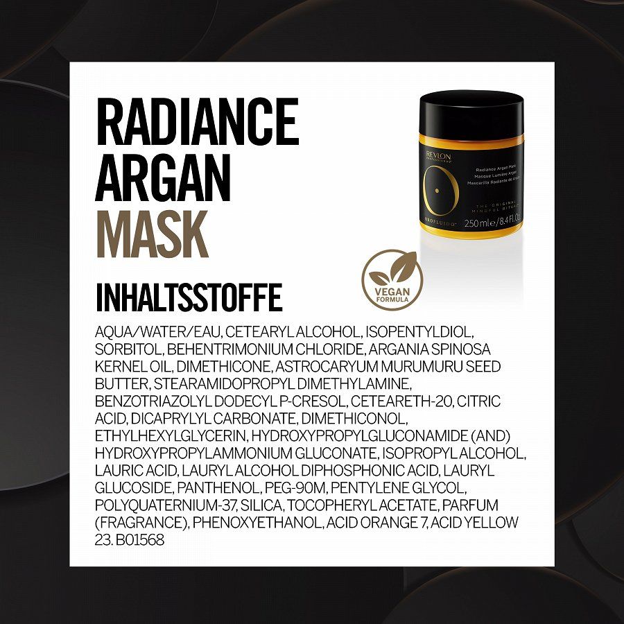 Informations sur le produit sur fond blanc. Inscription: Radiance Argan Mask, ingrédients, logo végétalien.