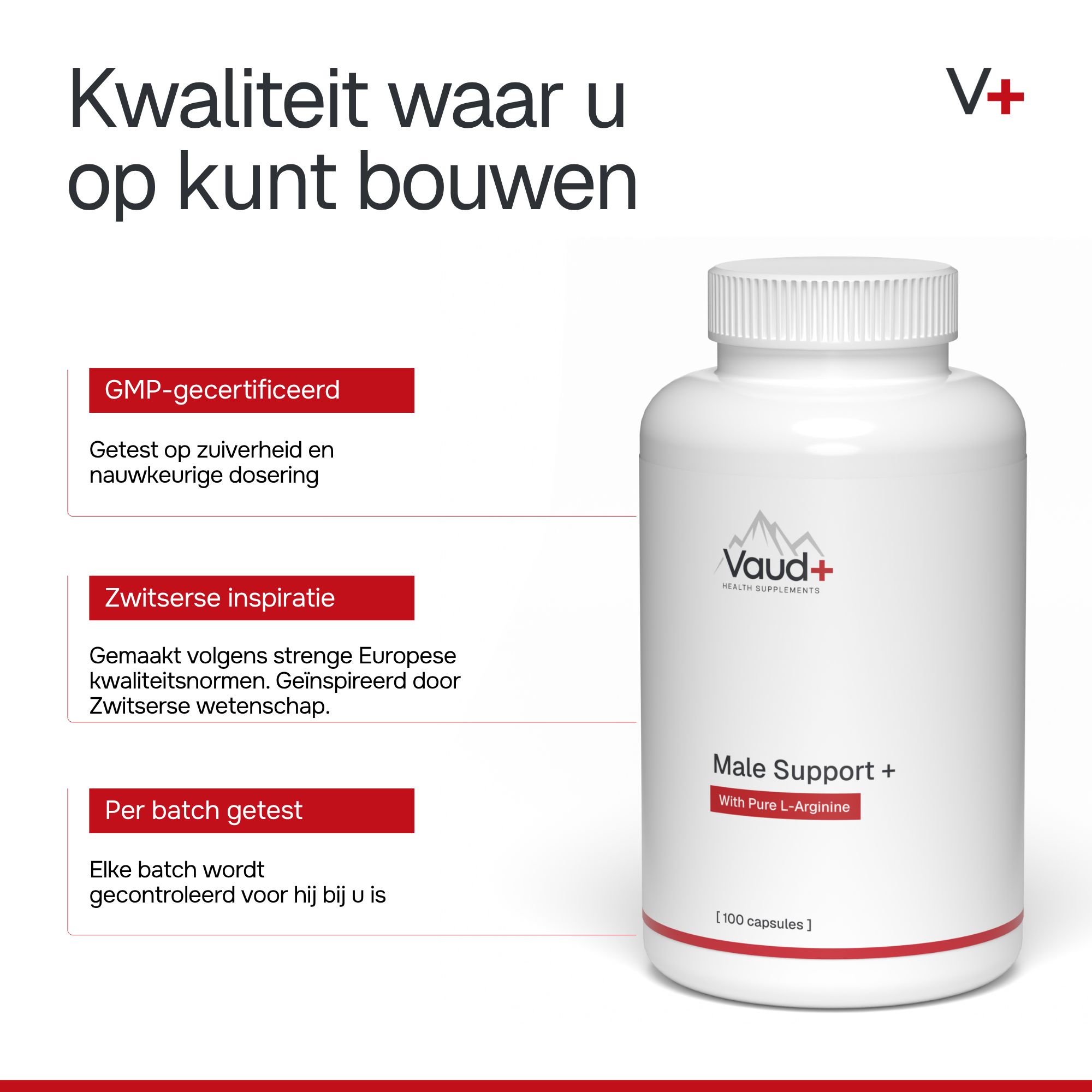 Een witte fles 'Vaud+ Male Support+' met rode accenten. Tekst over GMP-certificering en Zwitserse oorsprong.