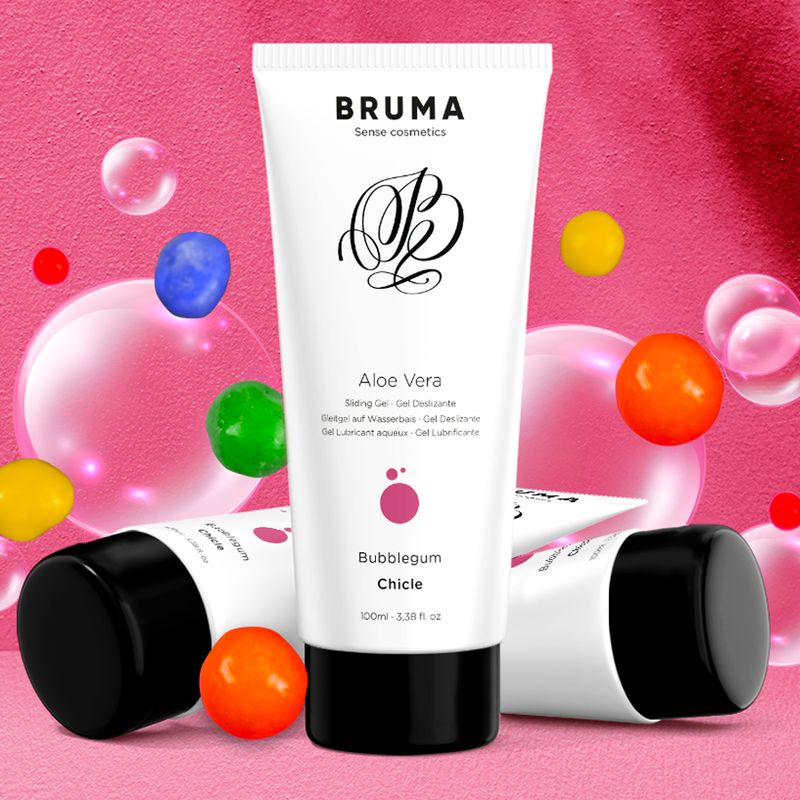 Bruma glijmiddel Aloë Vera, Bubblegum smaak, 100ml tube, omringd door gekleurde ballen en bellen.