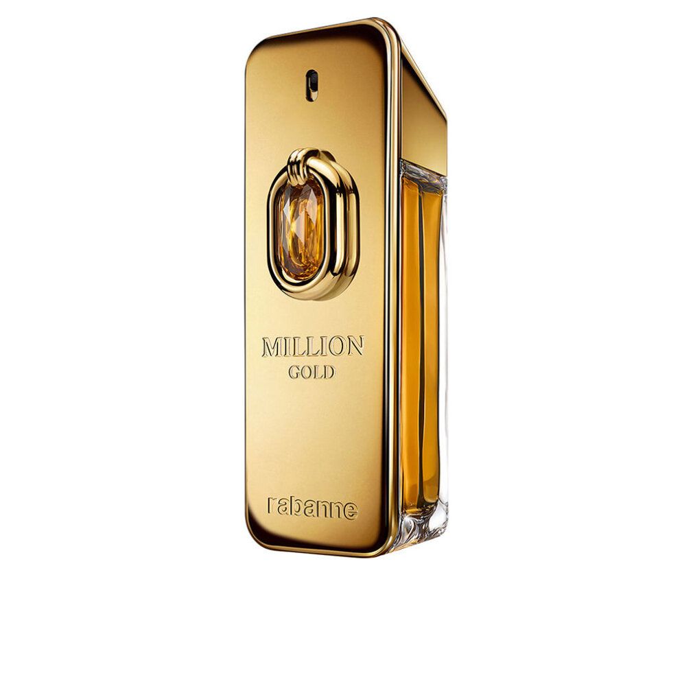 Flacon doré avec l'inscription "Million Gold" et "rabanne". Le flacon a une forme rectangulaire.
