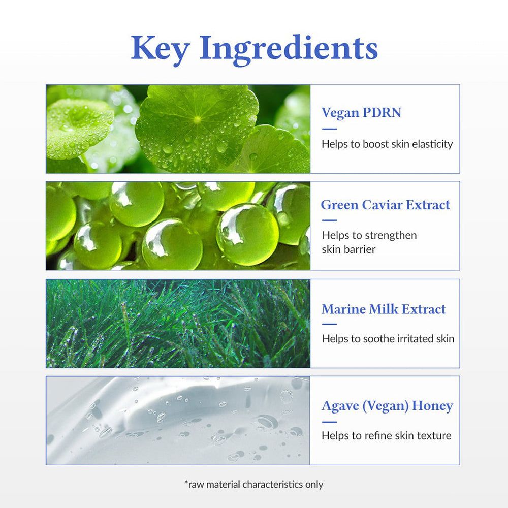 Ingrédients clés : PDRN végétalien, extrait de caviar vert, extrait de lait marin, miel d'agave.