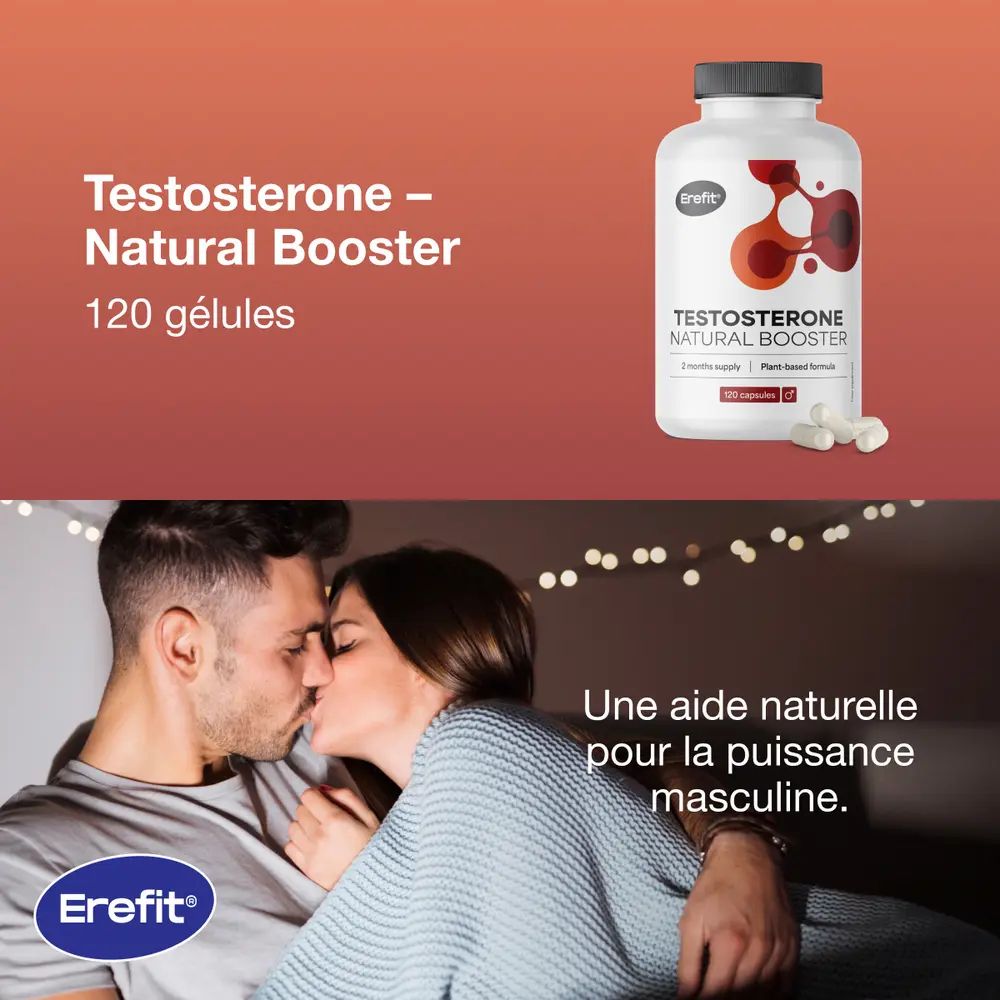 Couple s'embrassant, flacon de gélules. Inscription : Erefit, Testosterone Natural Booster, 120 gélules.