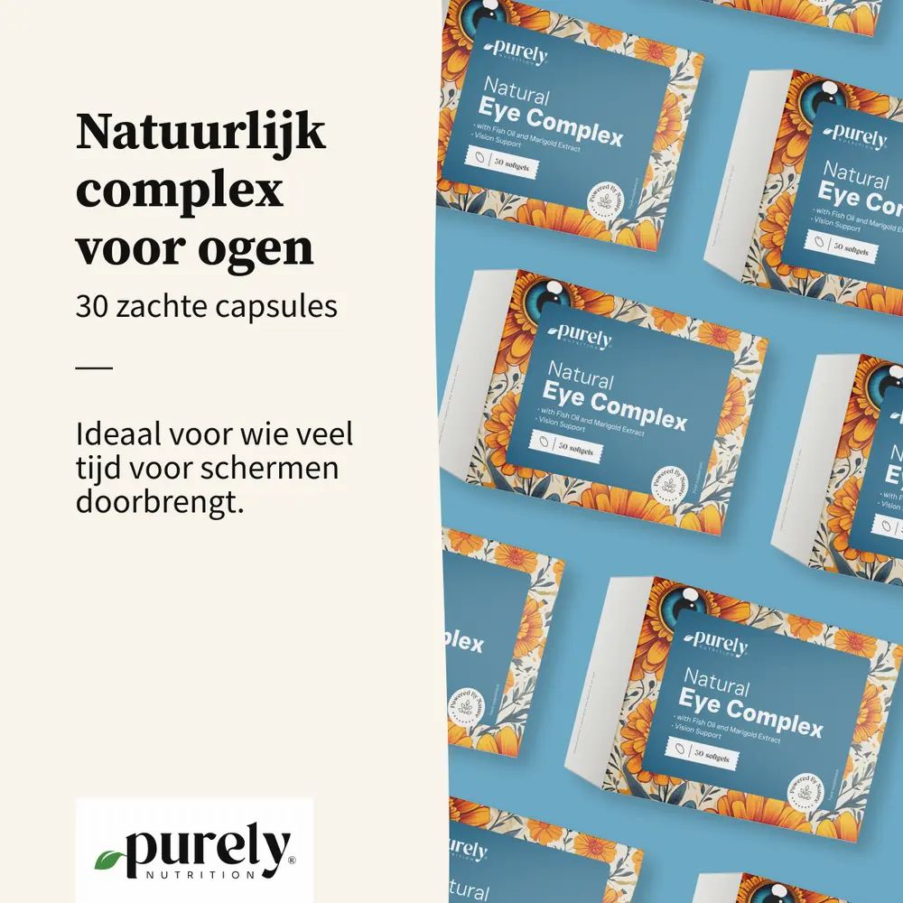 Meerdere dozen Natural Eye Complex. Opschrift: Natural Eye Complex, 30 softgels. Merk Purely Nutrition.