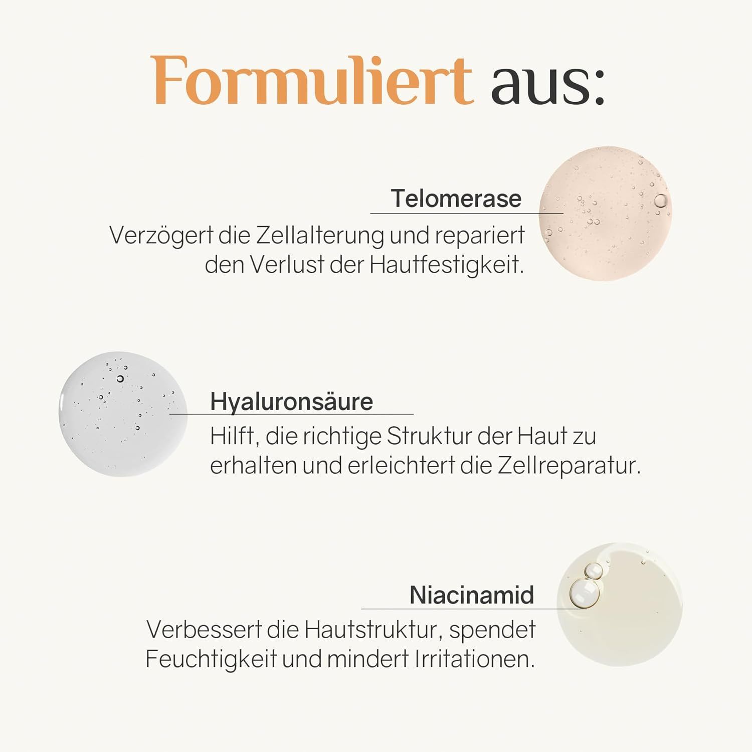 Gros plan sur trois ingrédients : télomérase, acide hyaluronique et niacinamide. Le texte décrit les ingrédients.
